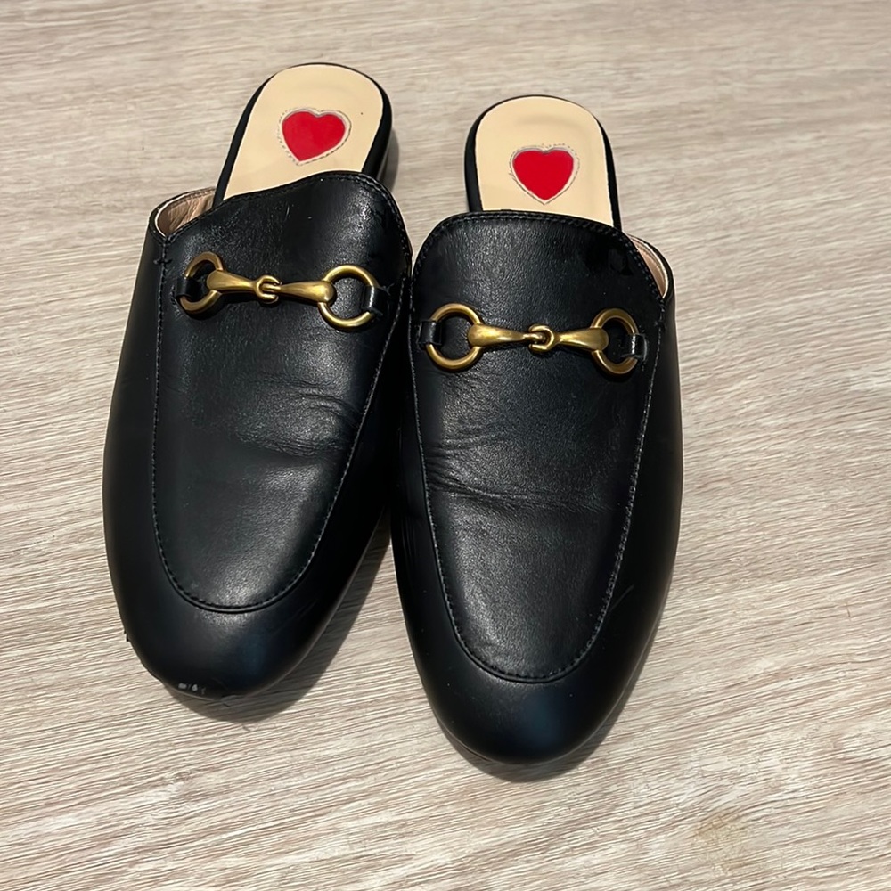 Womens black gold buckle loafer mule. Size 37 or 6.5